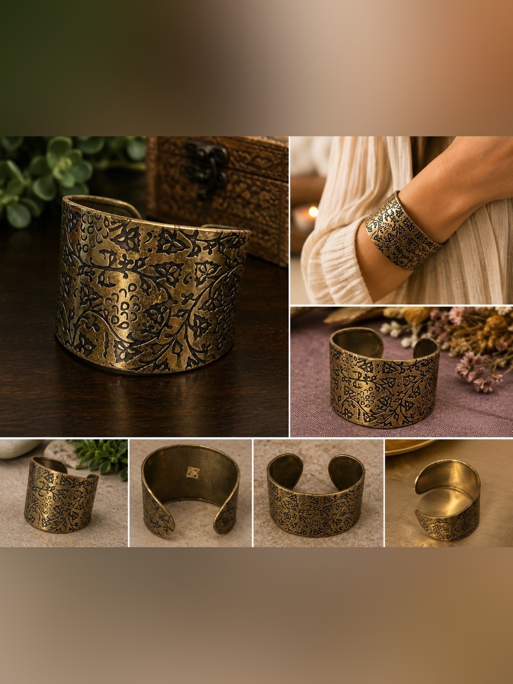 Vintage India Floral Engraved Wide Cuff Bracelet Gold Tone Boho Statement